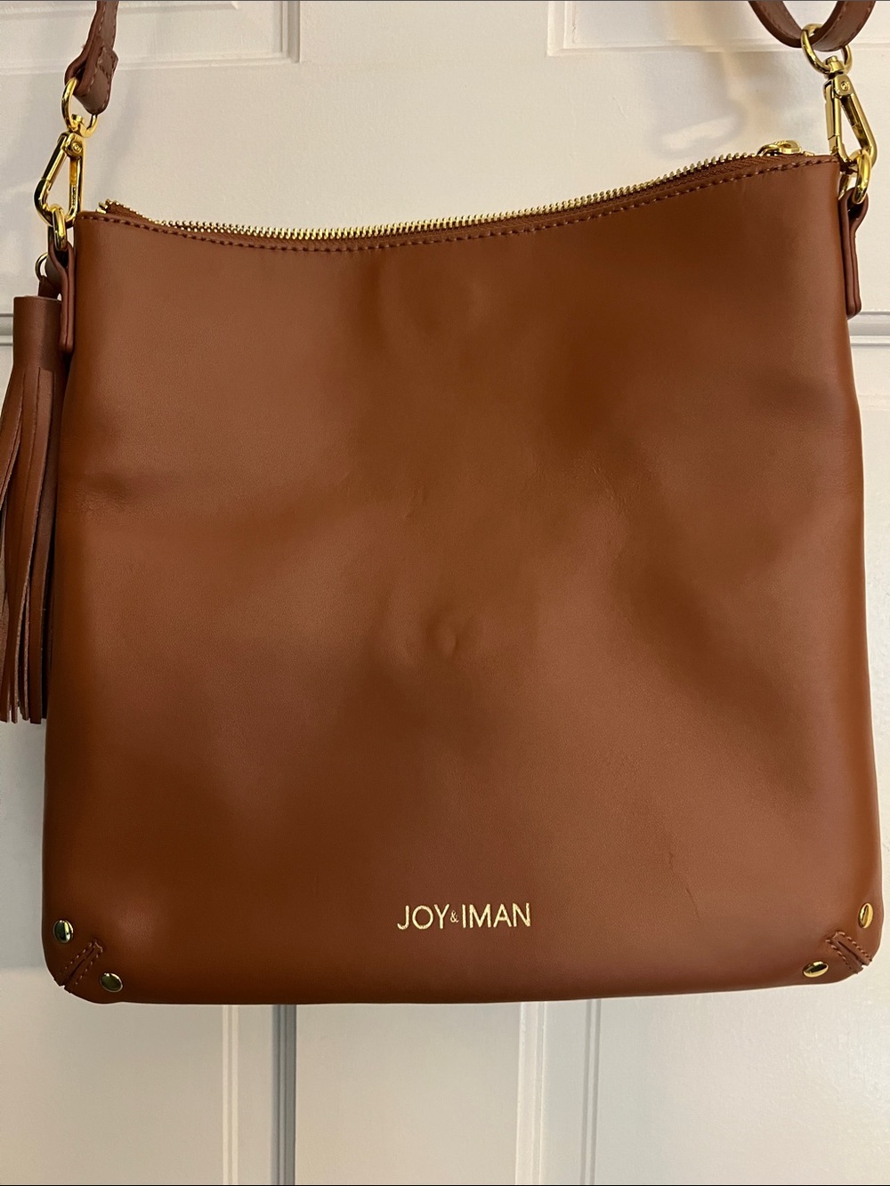 Joy & Iman Chestnut Brown Leather Tassel Crossbody Bag